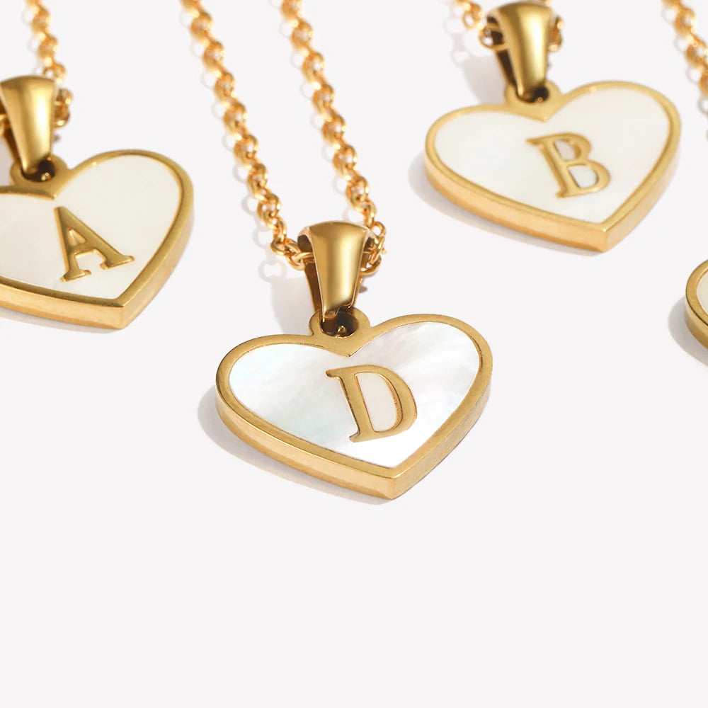 Heart Shell Letter Pendant Necklace Cute Water Resistant 18K Gold Plated Women's Neck Chain 316L Stainless Steel Accessories