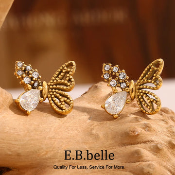 Asymmetric Half Set Zircon Butterfly Stud Earrings Hypoallergenic 316L Stainless Steel Women's Earrings 18K Gold Plated Gift