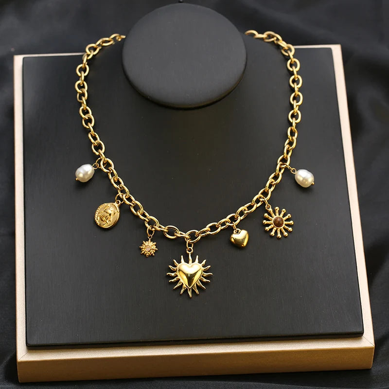 EILIECK 316L Stainless Steel Starfish Shell Sun Pendant Necklace For Women New 18K Gold Plated Summer Charm Handmade Jewelry