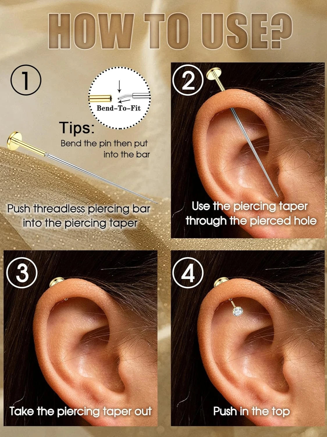 Florideco Threadless Flat Back Earrings 14K Gold Plated 316L Surgical Steel Stud Hoop Earrings Cartilage Helix Piercing Jewelry