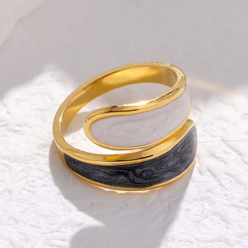 OIMG 316L Stainless Steel Gold Plated Double Layer Oil Dripping Adjustable Open Finger Ring For Women Punk No Fading Finger Ring