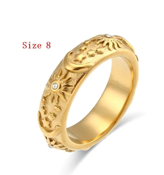 MamacitaSlay 316L Stainless Steel 18K Gold Plated Sun Moon Star Embossed Jewelry Set Open Cuff Bangle Hoop Earrings Band Ring