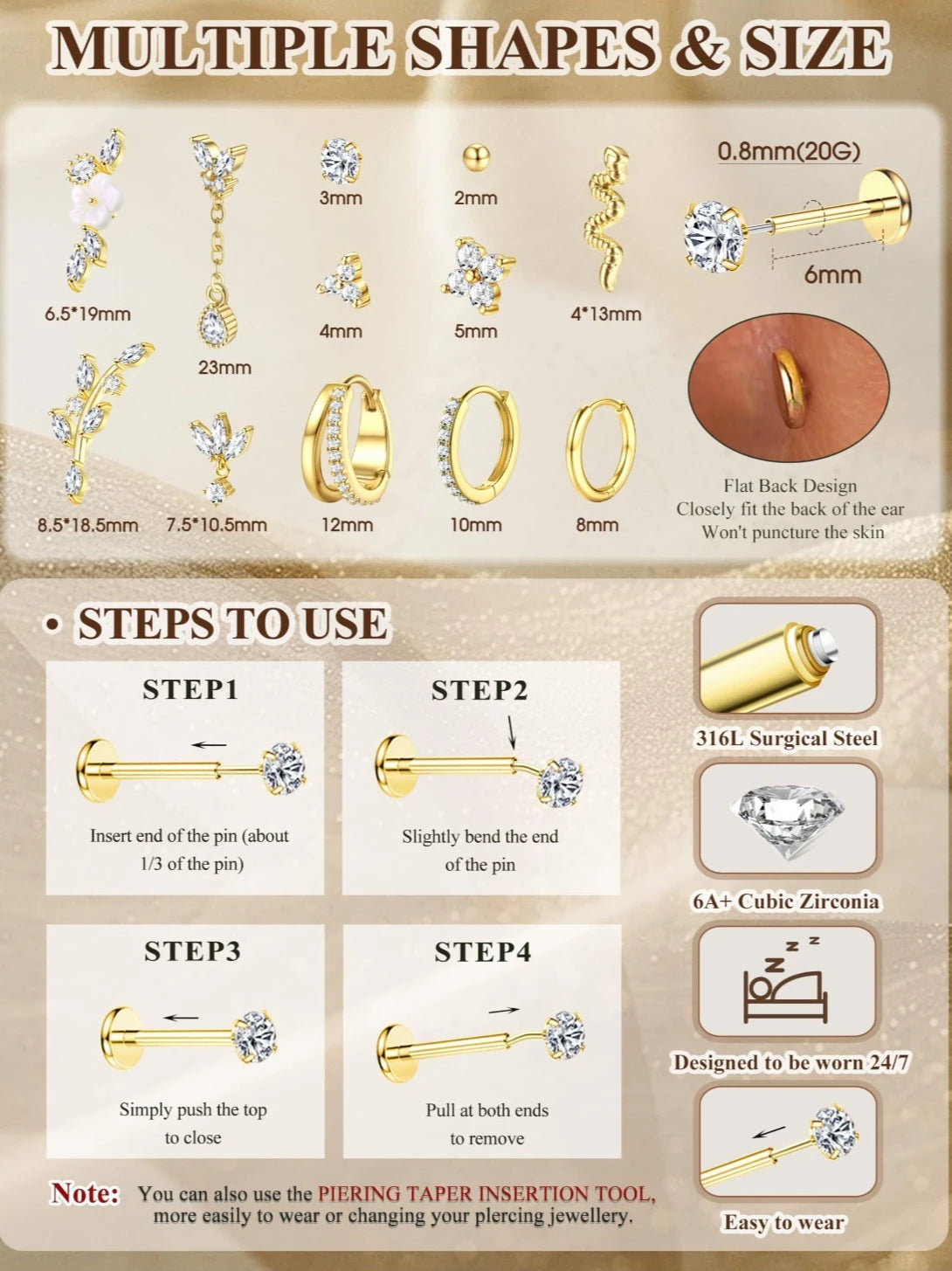 Florideco Threadless Flat Back Earrings 14K Gold Plated 316L Surgical Steel Stud Hoop Earrings Cartilage Helix Piercing Jewelry