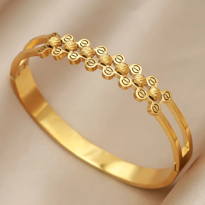 316L Stainless Steel 18K PVD Plated  Beads Cross Bangles for Women Fashion Brand Jewelry Golden Flower Bangles Party Accessories