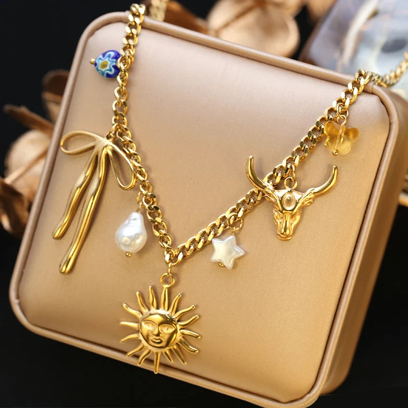 EILIECK 316L Stainless Steel Charms Pearl Moon Pendant Necklace 18K Gold Plated Popular Summer Fashion Jewelry For Women Girl