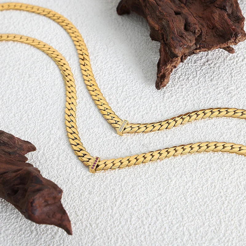 316L Stainless Steel Chain Necklace For Women 18k Gold Plated Inlaid With Zircon Women's Hip-hop Rock Style Thick Necklaces