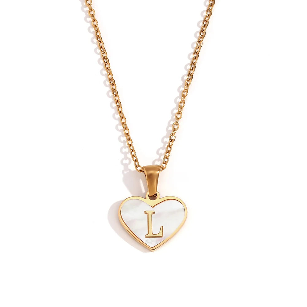 Heart Shell Letter Pendant Necklace Cute Water Resistant 18K Gold Plated Women's Neck Chain 316L Stainless Steel Accessories