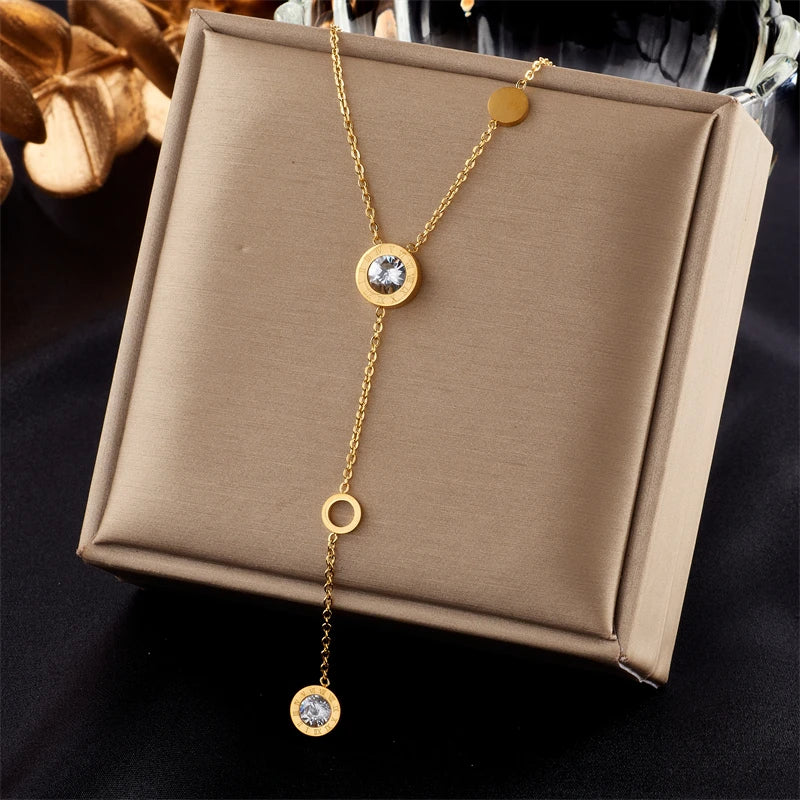 MEYRROYU 316L Stainless Steel New18k Gold Plated Round Zirconia Pendant Link Chain Necklace For Women Party Gift Charm Collar