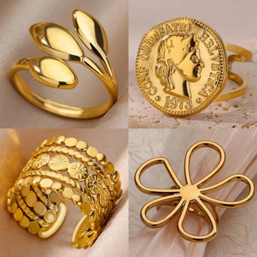Vintage 316L Stainless Steel Geometry Ring for Women Gold Plated Flower Opening Finger Ring Exquisite Wedding Party Jewelry 2025