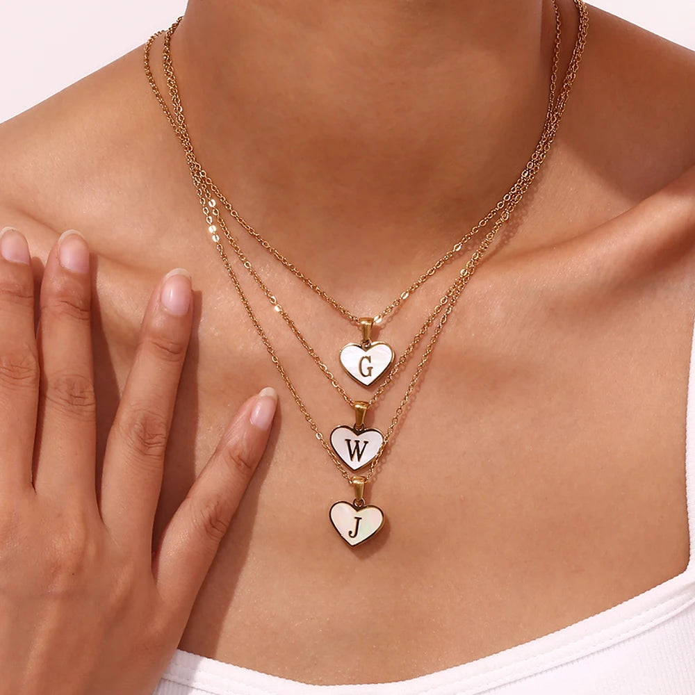 Heart Shell Letter Pendant Necklace Cute Water Resistant 18K Gold Plated Women's Neck Chain 316L Stainless Steel Accessories