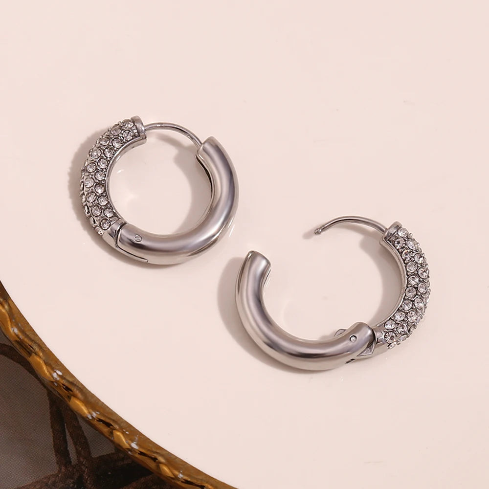 E.B.belle Circular Semi Inlaid Zircon Earrings Silver Color 316L Stainless Steel Women's Earrings 18K Gold Plated Jewelry