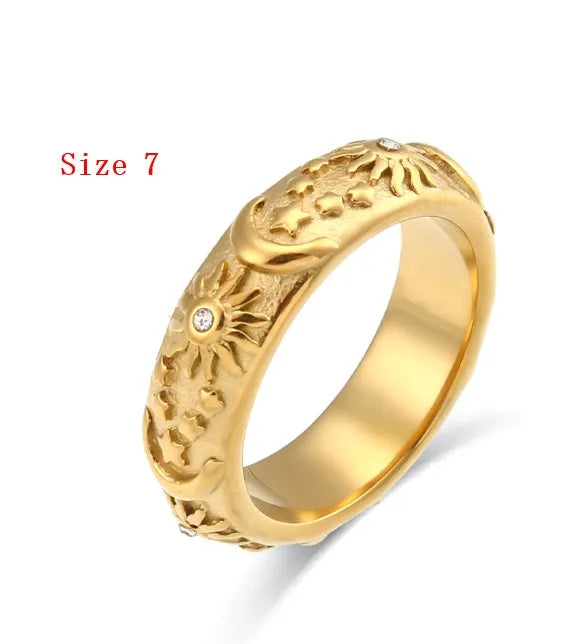 MamacitaSlay 316L Stainless Steel 18K Gold Plated Sun Moon Star Embossed Jewelry Set Open Cuff Bangle Hoop Earrings Band Ring