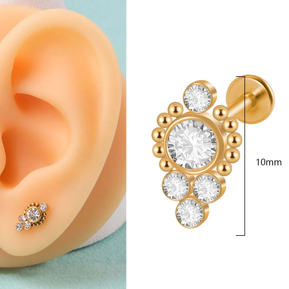 1PC 316L Surgical Steel 16G Gold Plated Cz Labret Lip Ring Crystal Cluster Ear Cartilage Tragus Helix Daith Piercing Jewelry