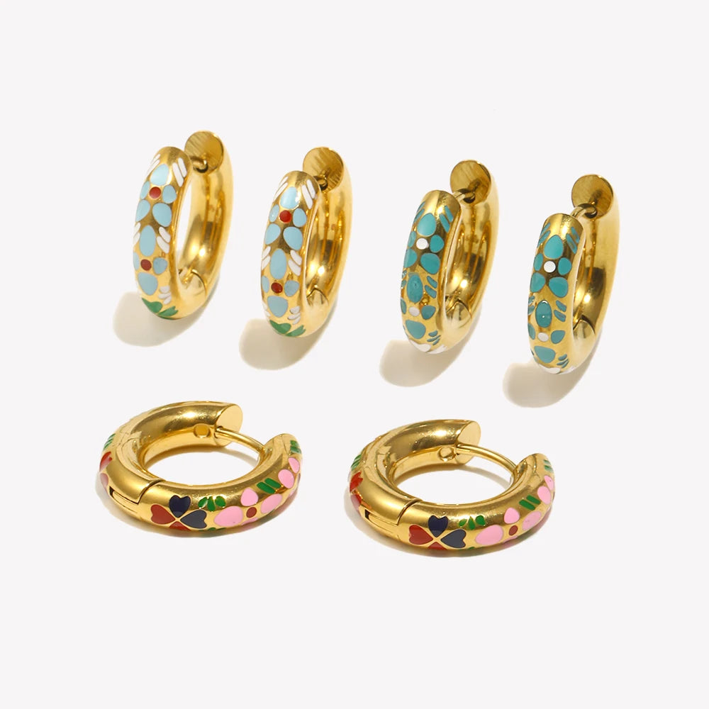 E.B.belle Colorful Enamel Clover Flower Hoop Earrings 316L Stainless Steel Fashion 18K Gold Plated Earrings for Women Jewelry