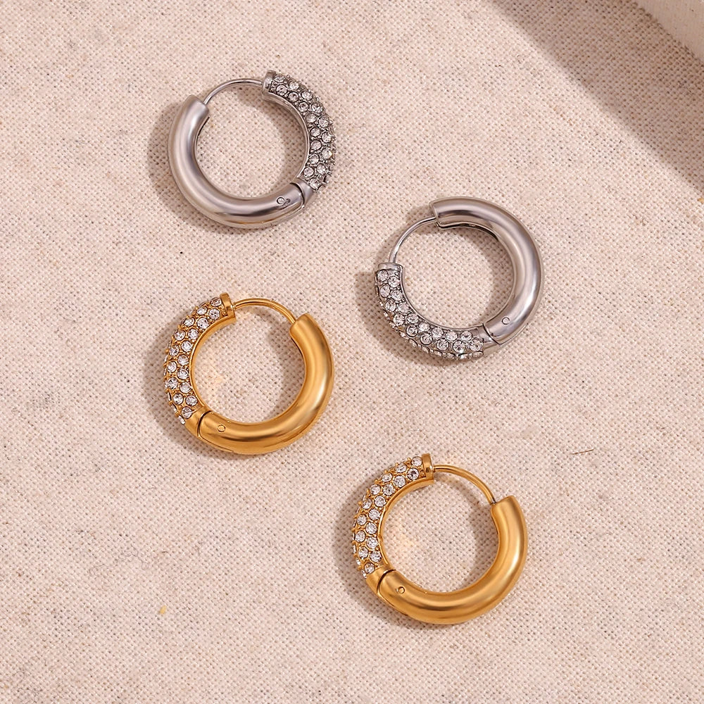 E.B.belle Circular Semi Inlaid Zircon Earrings Silver Color 316L Stainless Steel Women's Earrings 18K Gold Plated Jewelry