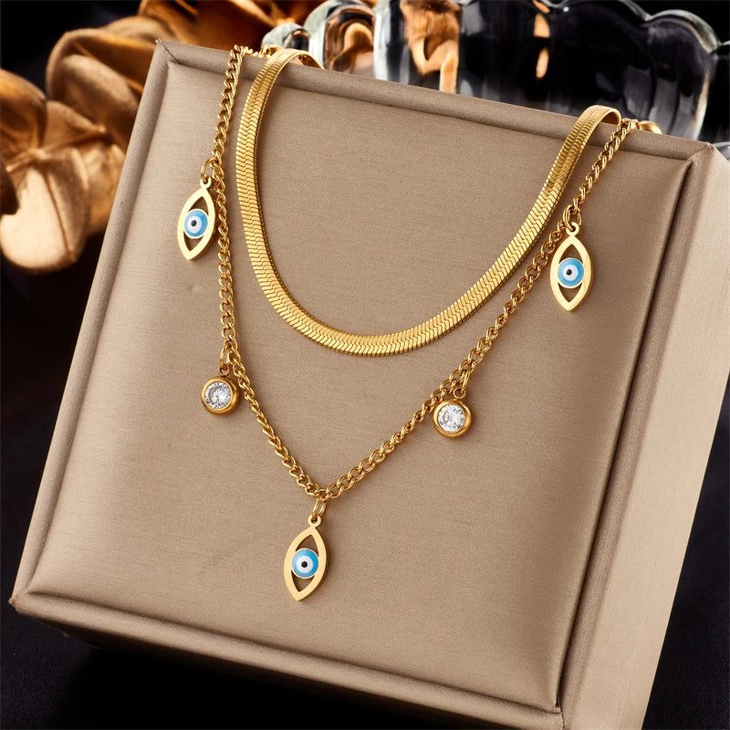 MEYRROYU 316L Stainless Steel New18k Gold Plated Round Zirconia Pendant Link Chain Necklace For Women Party Gift Charm Collar