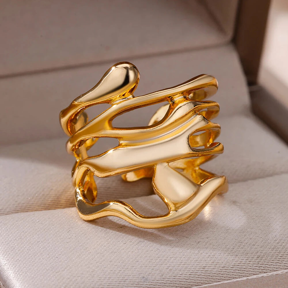 Vintage 316L Stainless Steel Geometry Ring for Women Gold Plated Flower Opening Finger Ring Exquisite Wedding Party Jewelry 2025