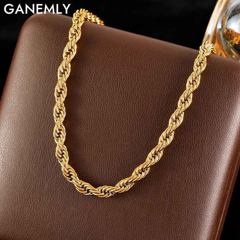 GANEMLY 316L Stainless Steel Metal Waterproof 18K Gold Plated Twist Necklace Women Fashion Neck Chain Collar Jewelry Bijoux