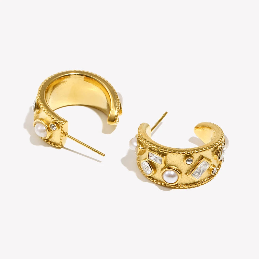 C-shaped Hoop Earrings with Pearl Geometric Rhinestone Silver Color 316L Stainless Steel Accessories 18K Gold Plated Jewelry
