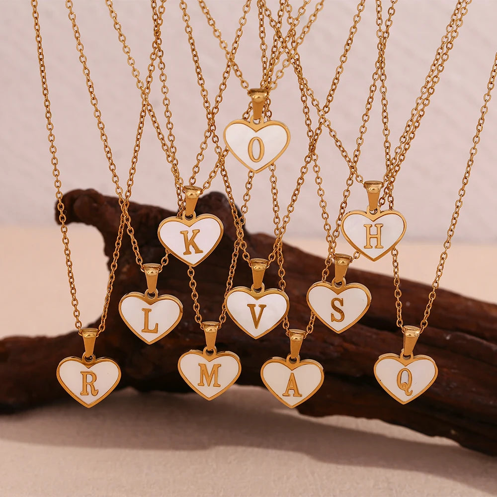 Heart Shell Letter Pendant Necklace Cute Water Resistant 18K Gold Plated Women's Neck Chain 316L Stainless Steel Accessories