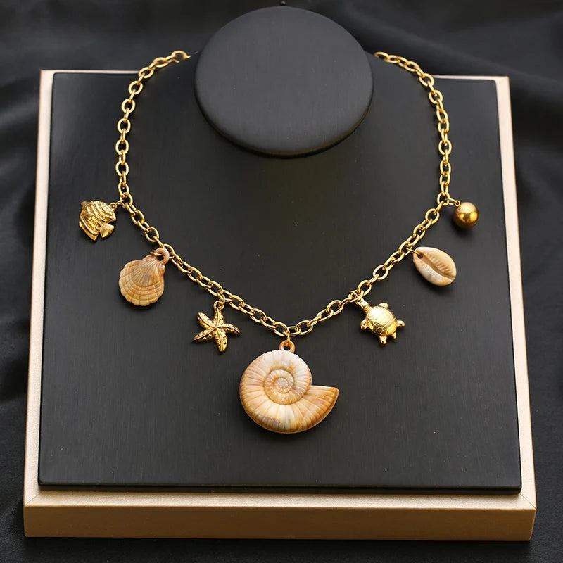 EILIECK 316L Stainless Steel Starfish Shell Sun Pendant Necklace For Women New 18K Gold Plated Summer Charm Handmade Jewelry