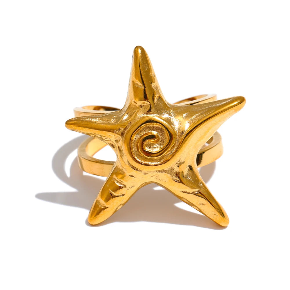 Yhpup 316L Stainless Steel Starfish Open Ring Adjustable 18K Gold PVD Plated Metal Summer Personalized Jewelry for Holiday