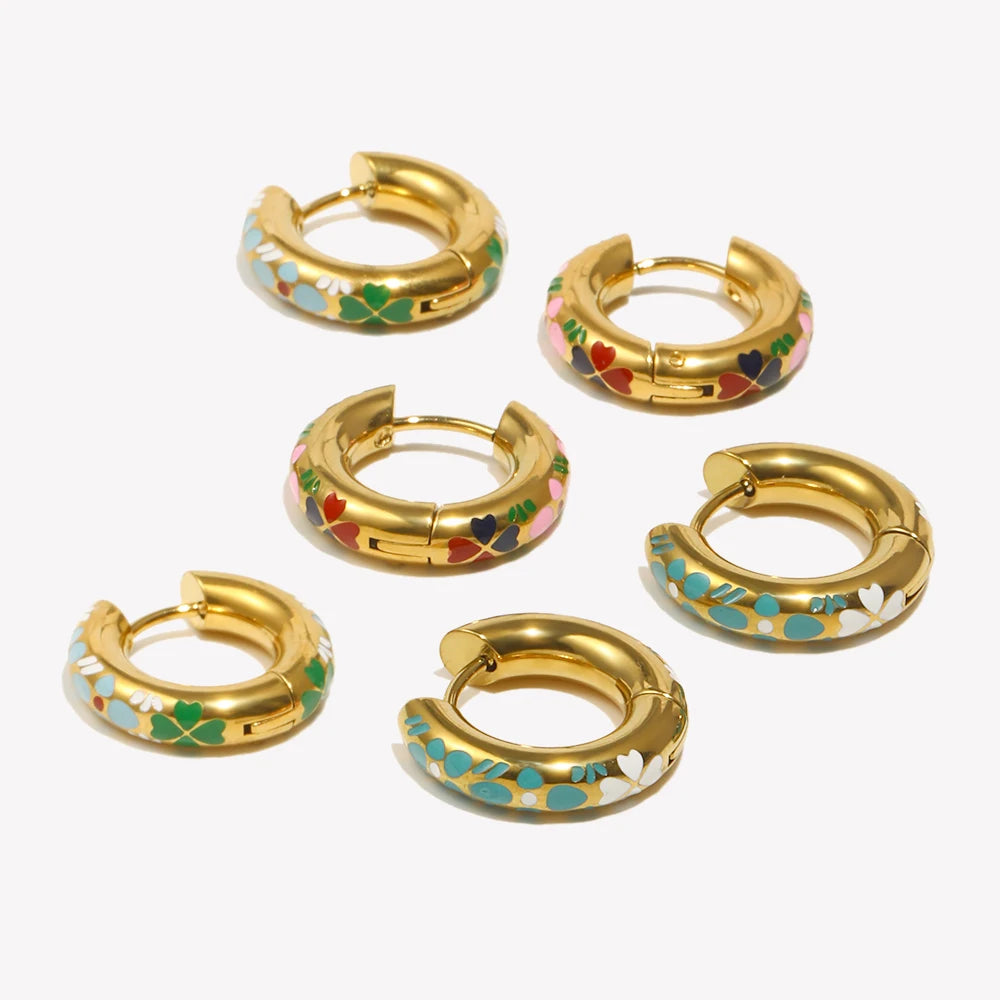 E.B.belle Colorful Enamel Clover Flower Hoop Earrings 316L Stainless Steel Fashion 18K Gold Plated Earrings for Women Jewelry
