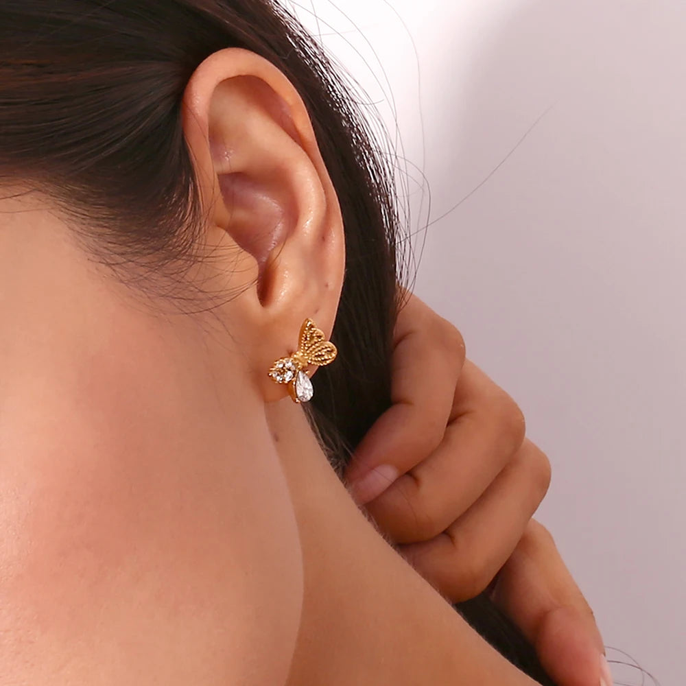 Asymmetric Half Set Zircon Butterfly Stud Earrings Hypoallergenic 316L Stainless Steel Women's Earrings 18K Gold Plated Gift