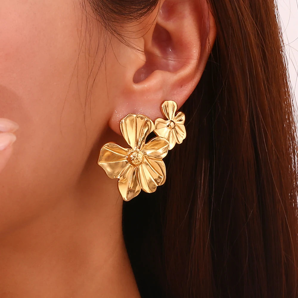 E.B.belle Five Petal Flower Large and Small Earrings 18K Gold Plated 316L Stainless Steel earrings for women Accessories