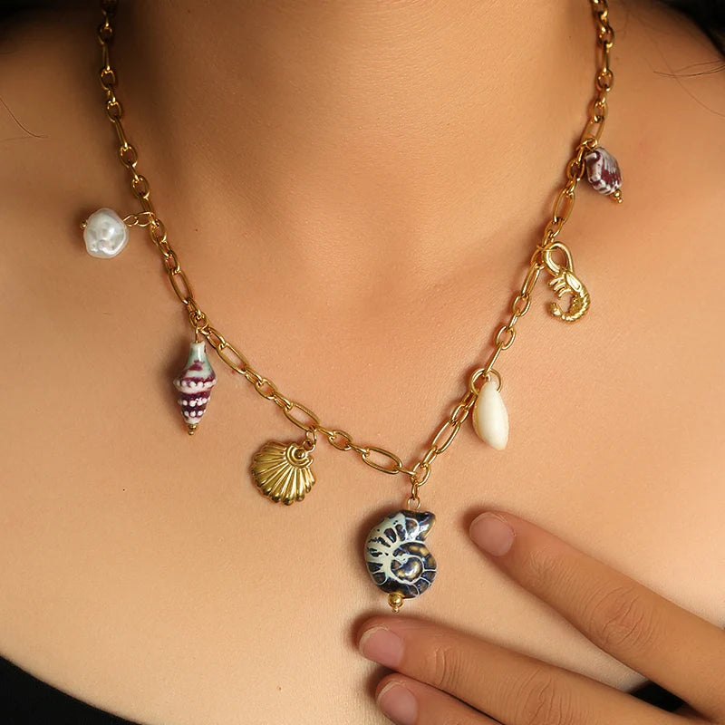 EILIECK 316L Stainless Steel Chain Waterproof Ocean Pendant Necklace Charm Starfish Shell 18K Gold PVD Plated Holiday Jewelry