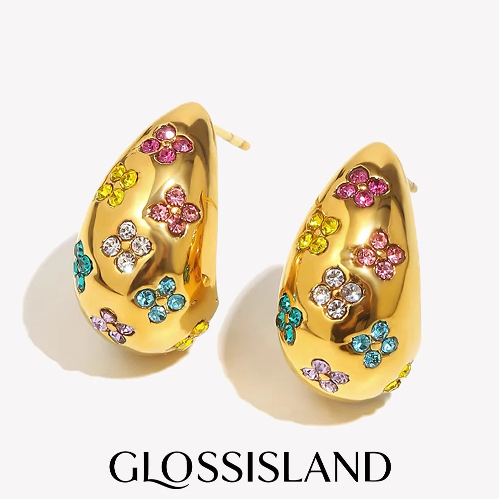 Glossisland 316L Stainless Steel Colorful Zircon Chubby Waterdrop Earrings 18K Gold Plated Waterproof Jewelry Design For Women