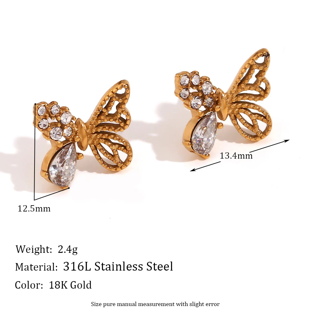 Asymmetric Half Set Zircon Butterfly Stud Earrings Hypoallergenic 316L Stainless Steel Women's Earrings 18K Gold Plated Gift