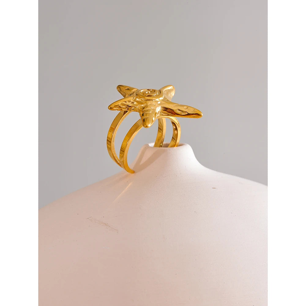 Yhpup 316L Stainless Steel Starfish Open Ring Adjustable 18K Gold PVD Plated Metal Summer Personalized Jewelry for Holiday