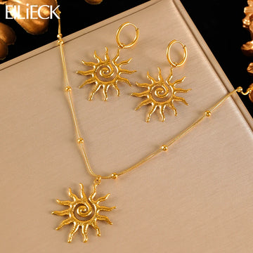EILIECK 316L Stainless Steel Vintage Sun Necklace Earrings Set For Women Trendy 18K Gold Plated Waterproof Beach Jewelry Gift