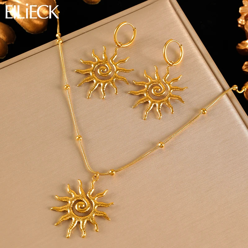 EILIECK 316L Stainless Steel Vintage Sun Necklace Earrings Set For Women Trendy 18K Gold Plated Waterproof Beach Jewelry Gift