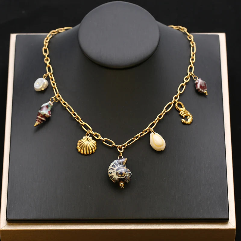 EILIECK 316L Stainless Steel Chain Waterproof Ocean Pendant Necklace Charm Starfish Shell 18K Gold PVD Plated Holiday Jewelry