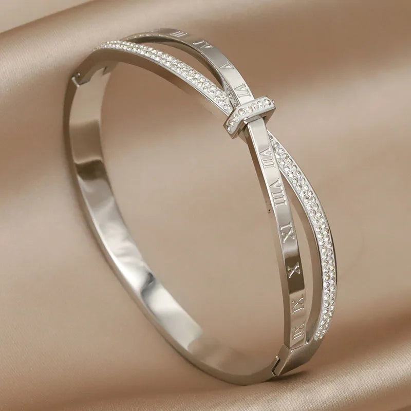 316L Stainless Steel 18K PVD Plated  Beads Cross Bangles for Women Fashion Brand Jewelry Golden Flower Bangles Party Accessories