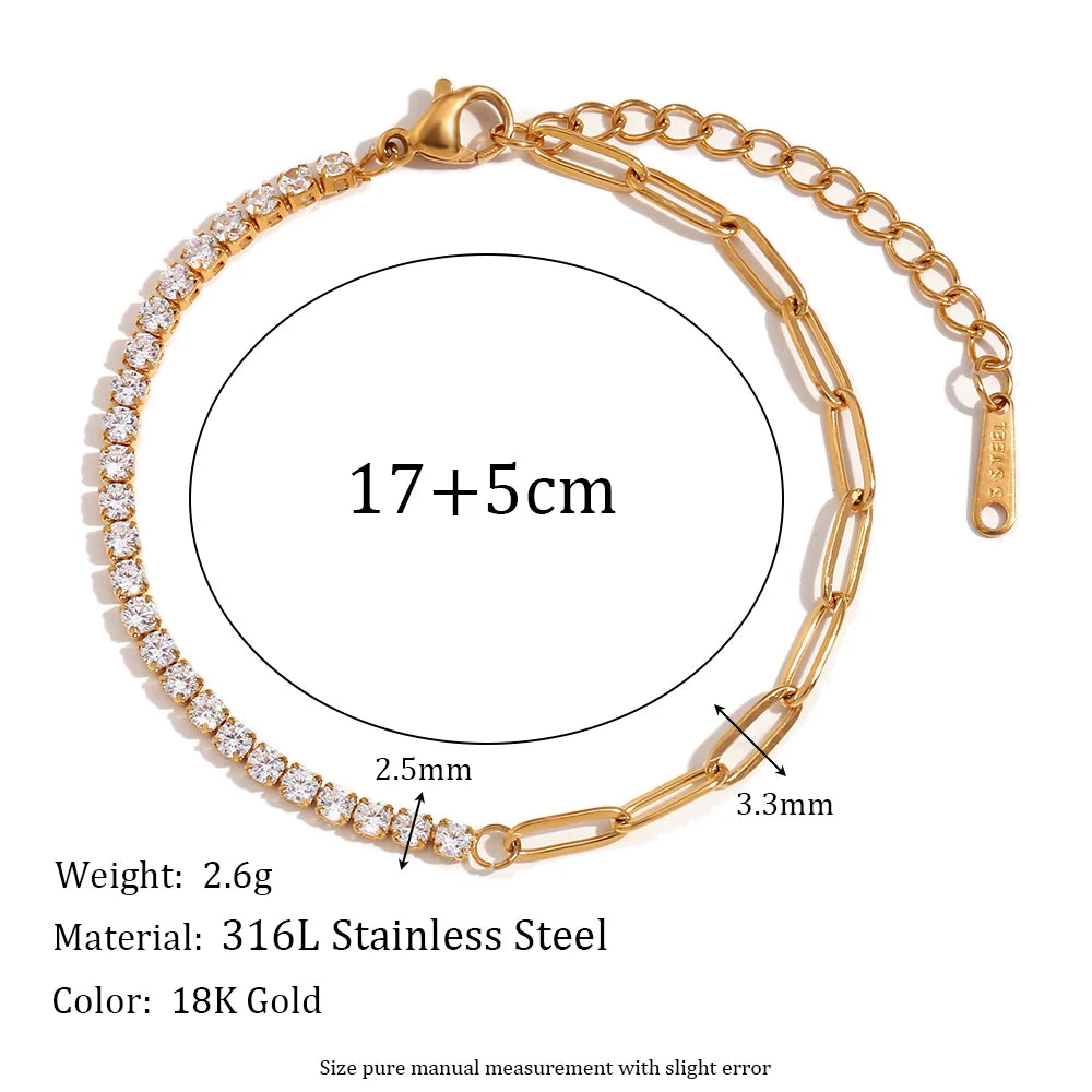 E.B.belle Zircon Chain Splicing Paper Clip Bracelet 18K Gold Plated Women's Earrings 316L Stainless Steel Accessories