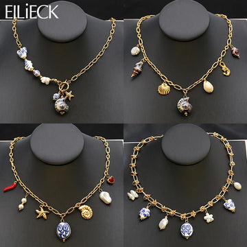 EILIECK 316L Stainless Steel Chain Waterproof Ocean Pendant Necklace Charm Starfish Shell 18K Gold PVD Plated Holiday Jewelry