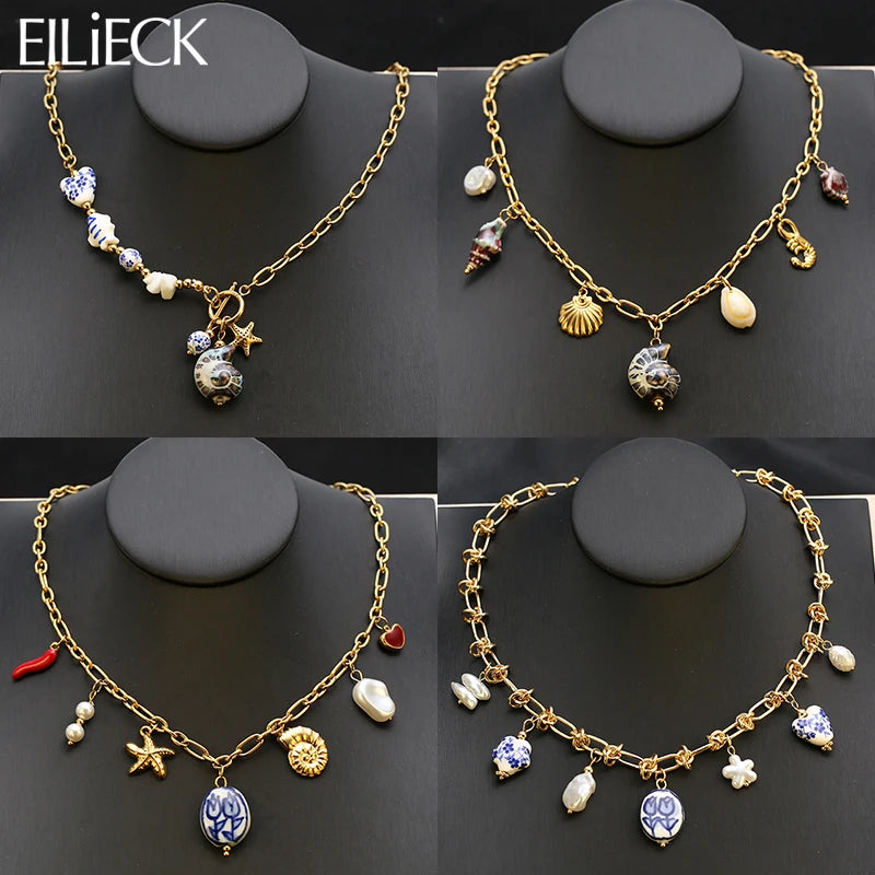 EILIECK 316L Stainless Steel Chain Waterproof Ocean Pendant Necklace Charm Starfish Shell 18K Gold PVD Plated Holiday Jewelry