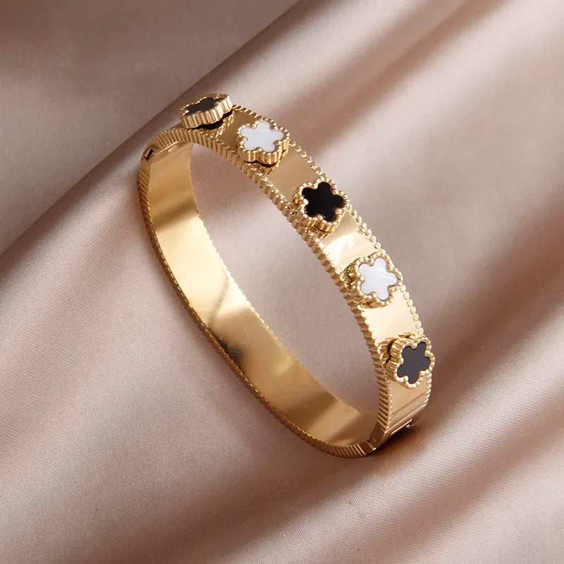 316L Stainless Steel 18K PVD Plated  Beads Cross Bangles for Women Fashion Brand Jewelry Golden Flower Bangles Party Accessories