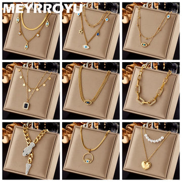 MEYRROYU 316L Stainless Steel New18k Gold Plated Round Zirconia Pendant Link Chain Necklace For Women Party Gift Charm Collar