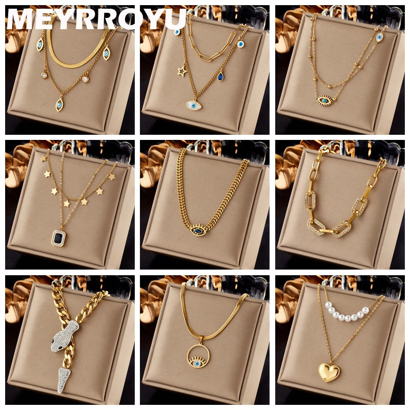 MEYRROYU 316L Stainless Steel New18k Gold Plated Round Zirconia Pendant Link Chain Necklace For Women Party Gift Charm Collar