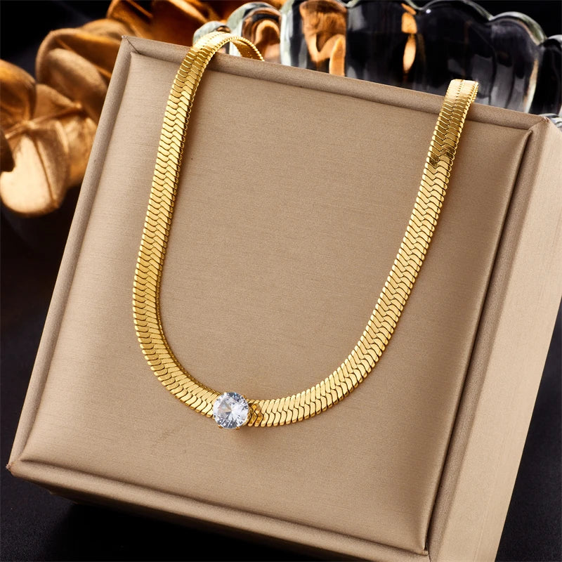 MEYRROYU 316L Stainless Steel New18k Gold Plated Round Zirconia Pendant Link Chain Necklace For Women Party Gift Charm Collar