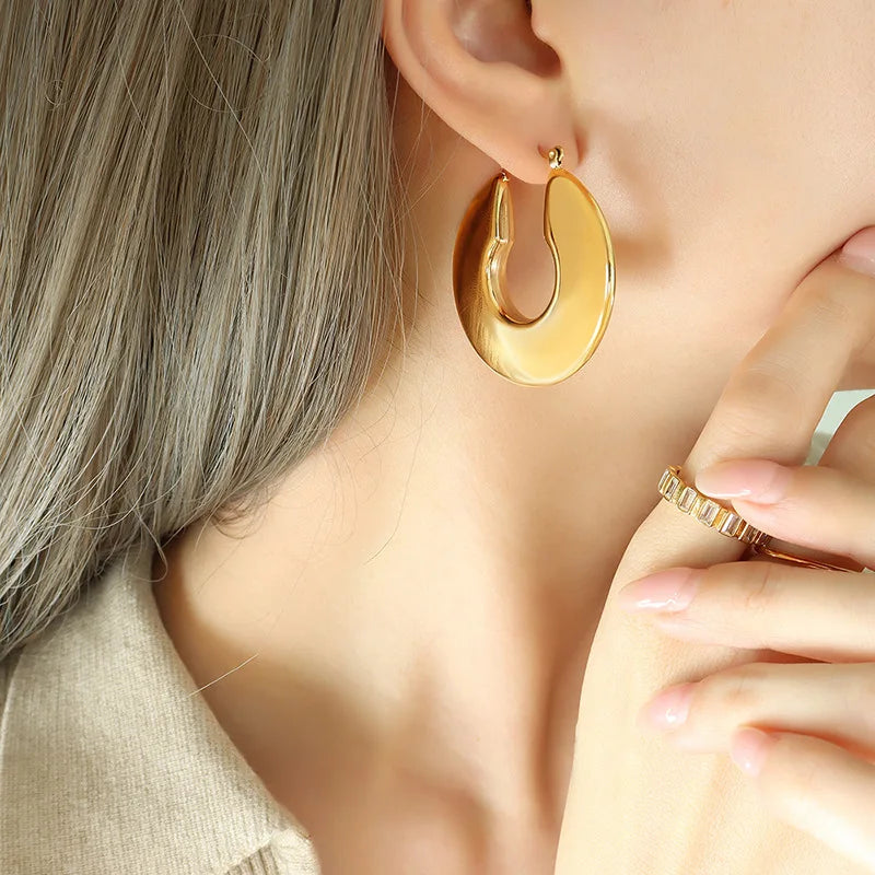 Fashion Glossy Stainless Steel Chunky Hoop Earrings for Women Gold Plated Thick Texture Geometric Circle Earring Vintage Jewelry