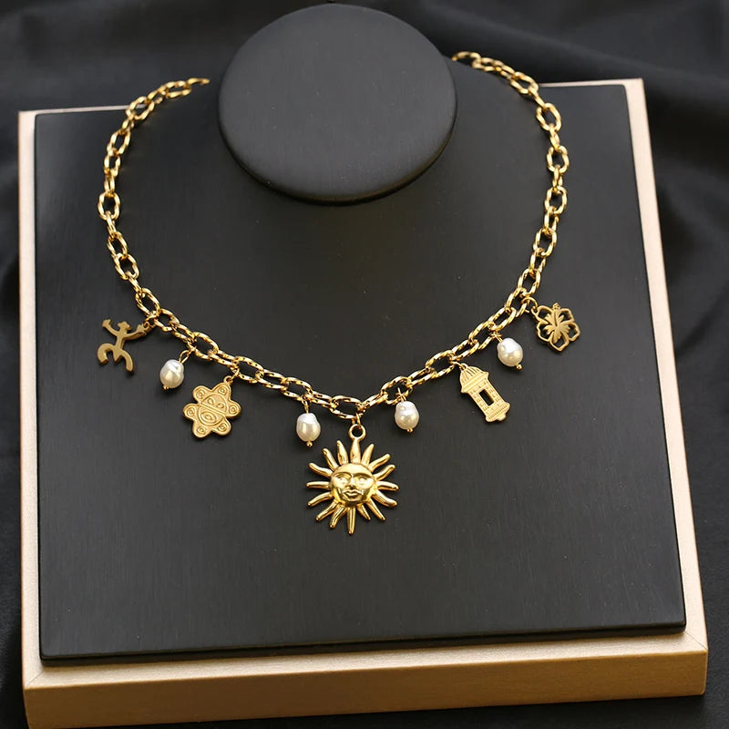 EILIECK 316L Stainless Steel Starfish Shell Sun Pendant Necklace For Women New 18K Gold Plated Summer Charm Handmade Jewelry