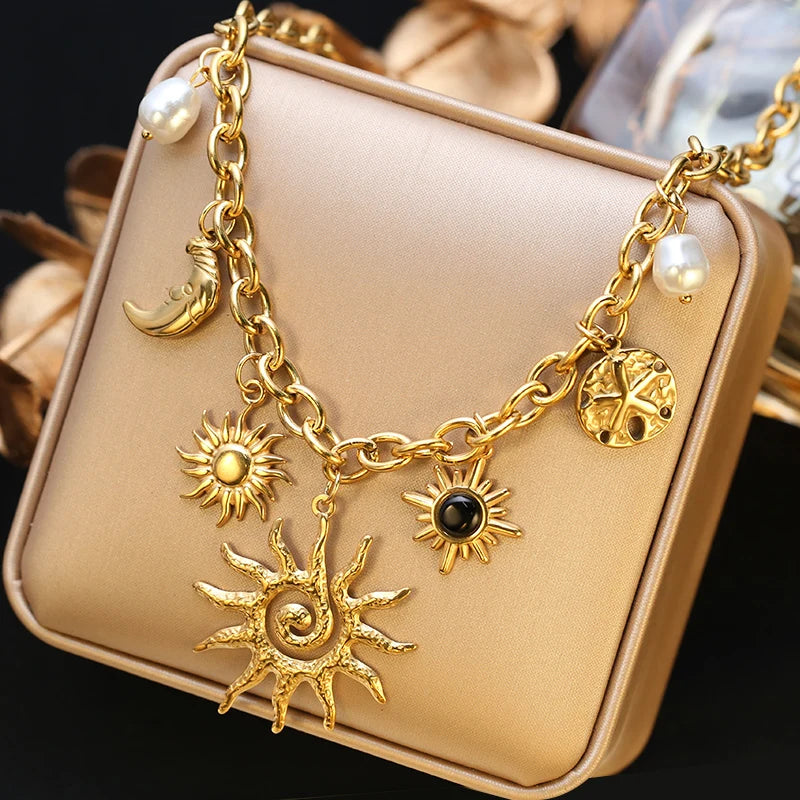 EILIECK 316L Stainless Steel Charms Pearl Moon Pendant Necklace 18K Gold Plated Popular Summer Fashion Jewelry For Women Girl