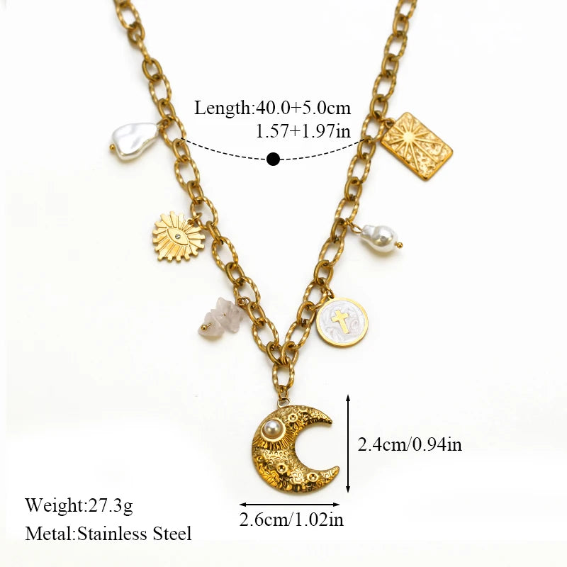EILIECK 316L Stainless Steel Charms Pearl Moon Pendant Necklace 18K Gold Plated Popular Summer Fashion Jewelry For Women Girl
