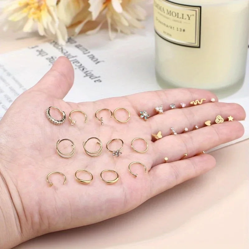 FASACCO 1Pc Surgical Steel Nose Rings for Women Men L Shaped Screw Studs Gold-Plated CZ Nose Rings Hoop Nose Piercing Jewelry