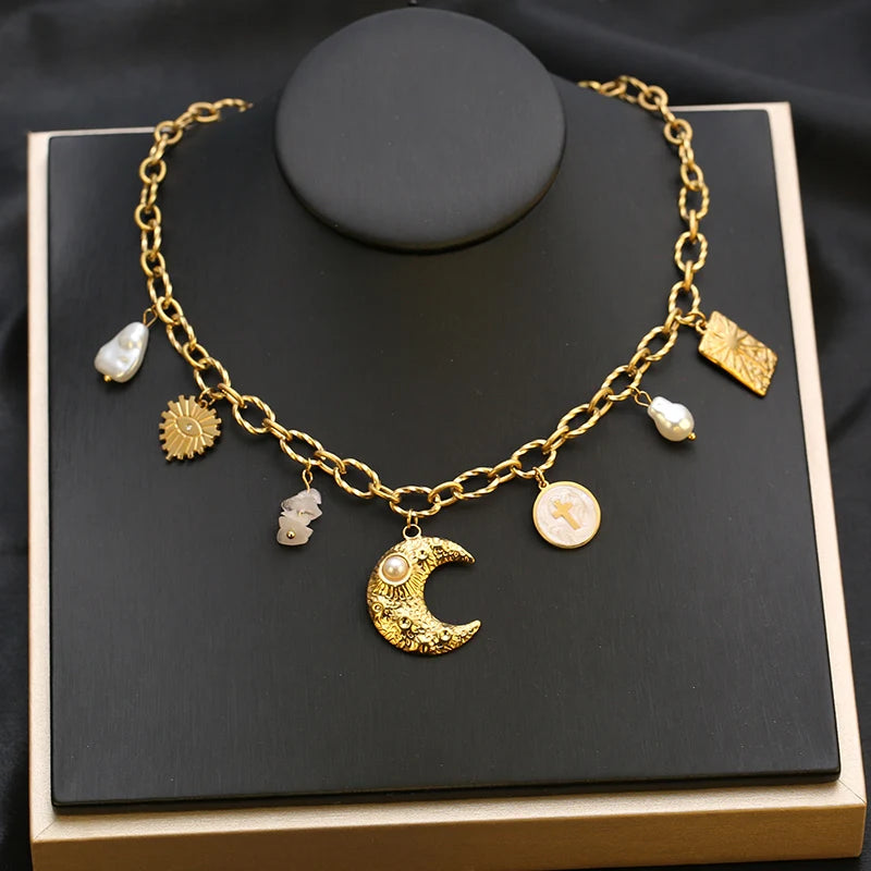 EILIECK 316L Stainless Steel Charms Pearl Moon Pendant Necklace 18K Gold Plated Popular Summer Fashion Jewelry For Women Girl